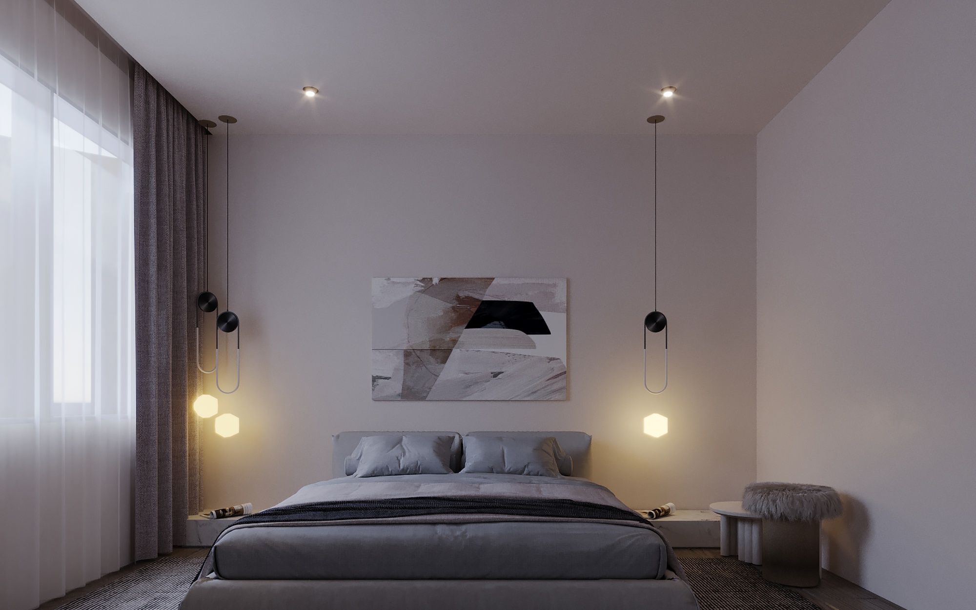 Das Schlafzimmer bietet Platz für ein Kingsize-Bett. Grosse Fenster öffnen den Blick auf die Umgebung, während minimalistische Möbel und neutrale Farbpaletten eine beruhigende Atmosphäre schaffen.